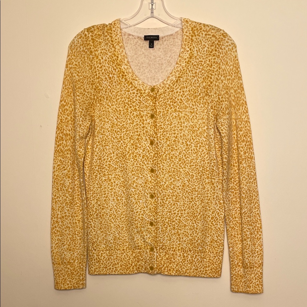 Talbots mustard yellow leopard print button up cardigan sweater WM cotton blend